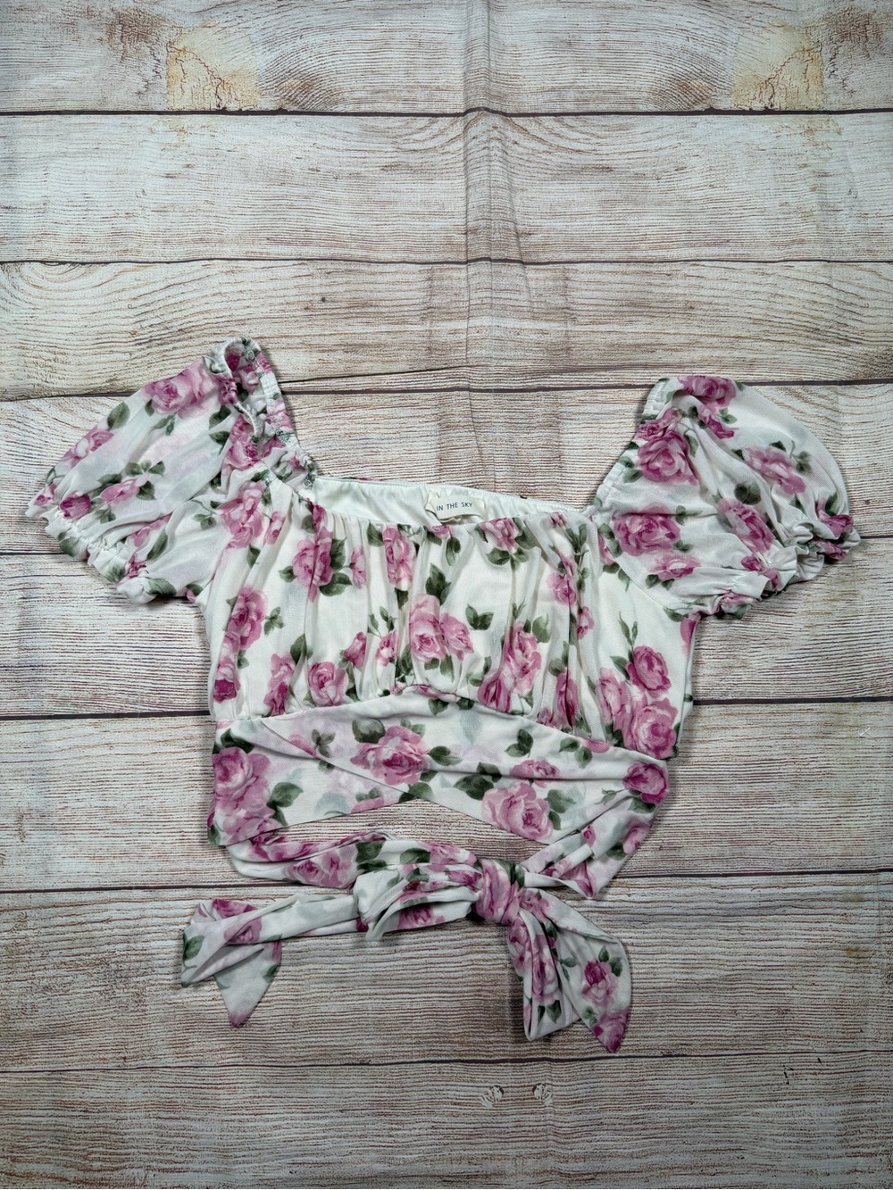 Cottage Coquette Floral Tie-Front Sheer Puff Sleeve Crop Top Pink Roses